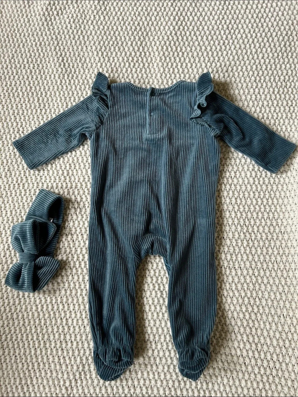 Baby Velour Ribbed One-Piece with Ruffle Shoulders - blue